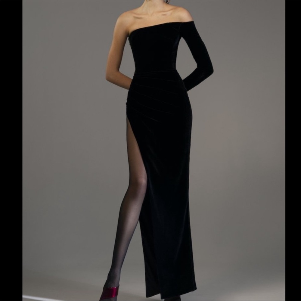 Rasario Off the Shoulder One Sleeve Velvet Gown with High Slit